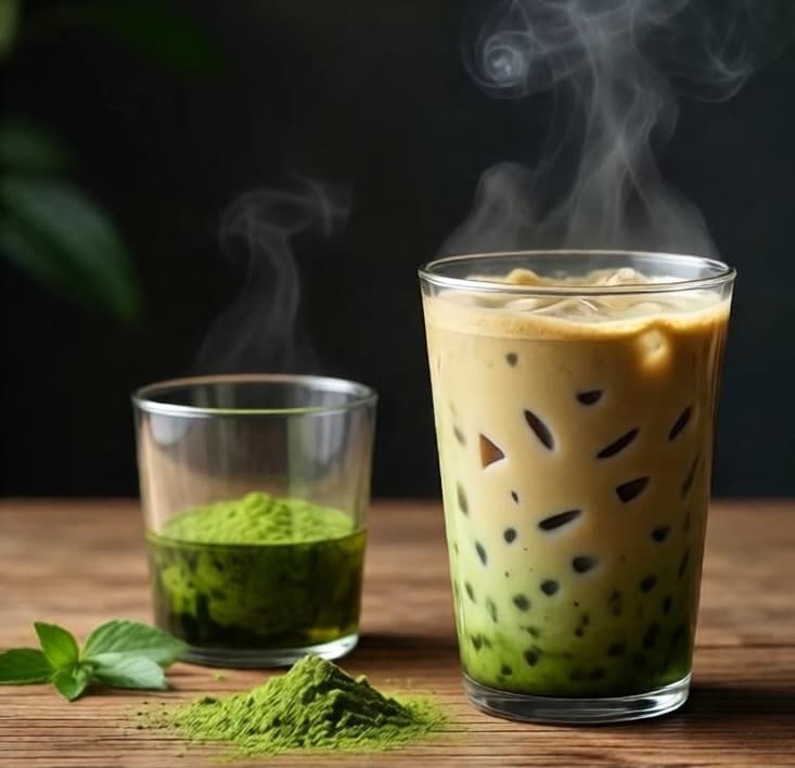 Iced matcha latte and matcha powder with steam rising on a wooden surface