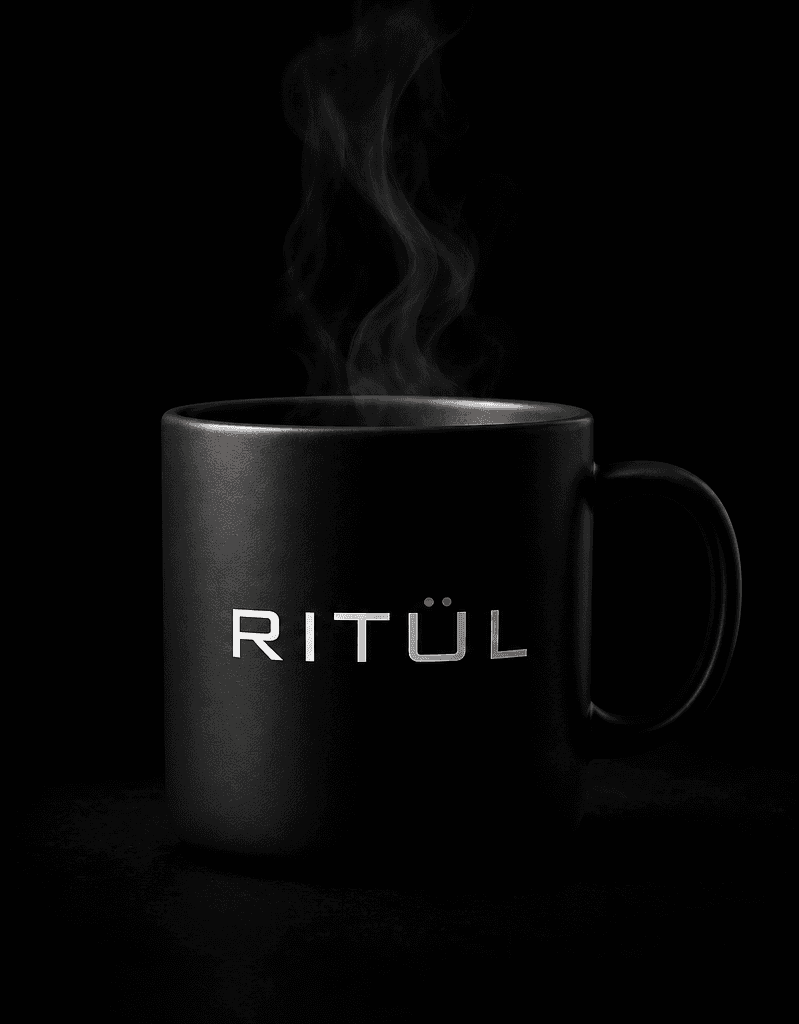 RITÜL logo on a black coffee mug with steam rising
