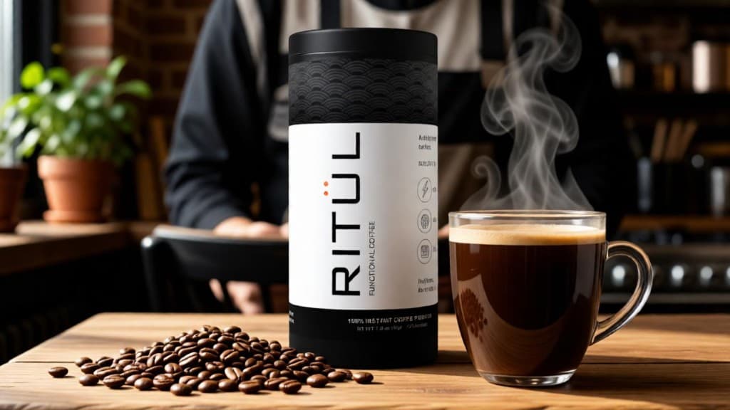 RITÜL Coffee morning ritual with steaming coffee and RITÜL canister
